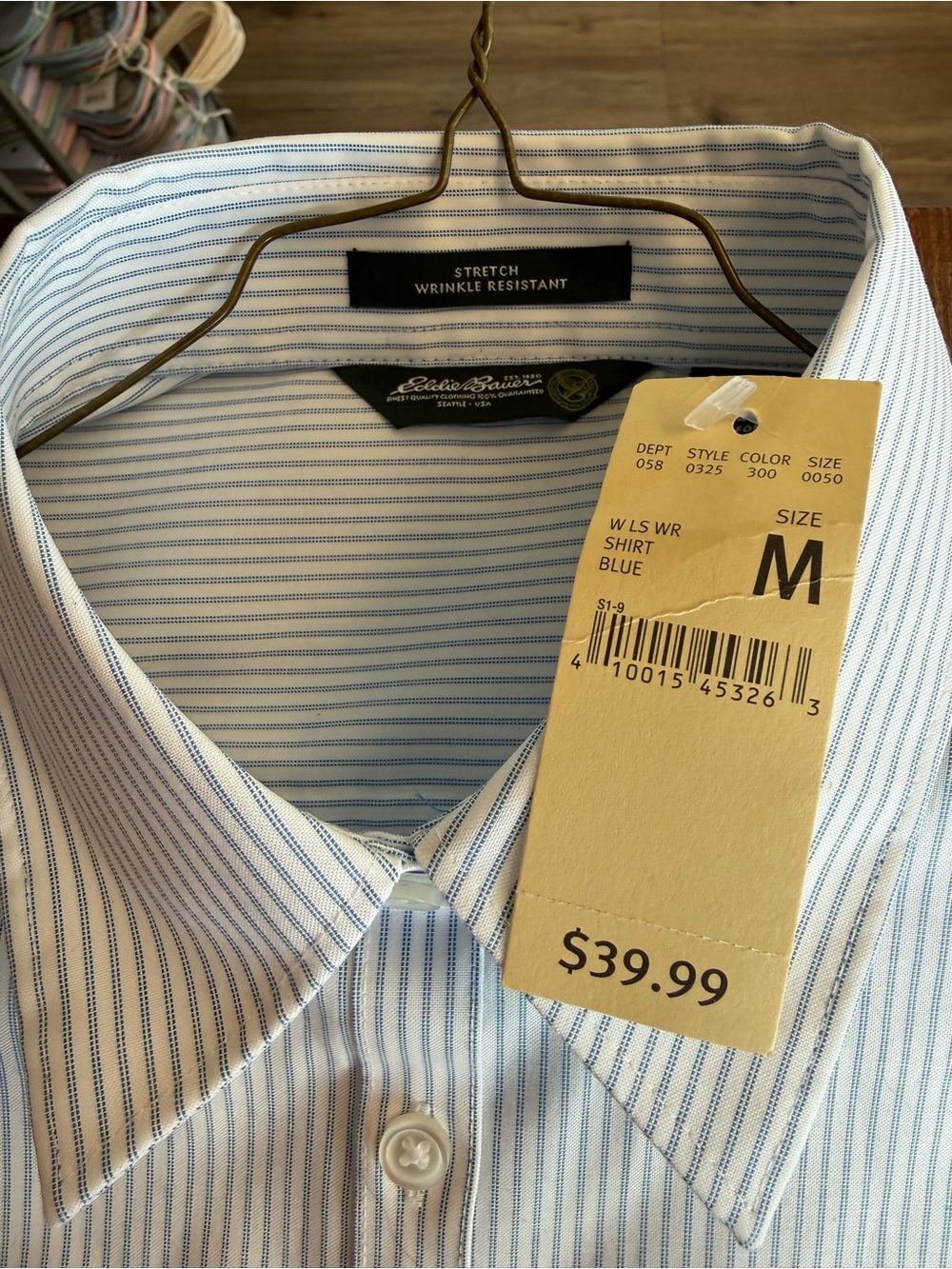 Vintage Eddie Bauer Light Blue and White Pinstripe Stretch Dress Shirt
